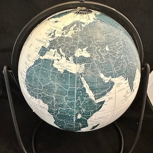 MCM World Globe with Black Iron Stand, Mid-Century Decor