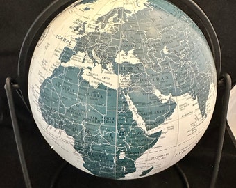 MCM World Globe with Black Iron Stand, Mid-Century Decor
