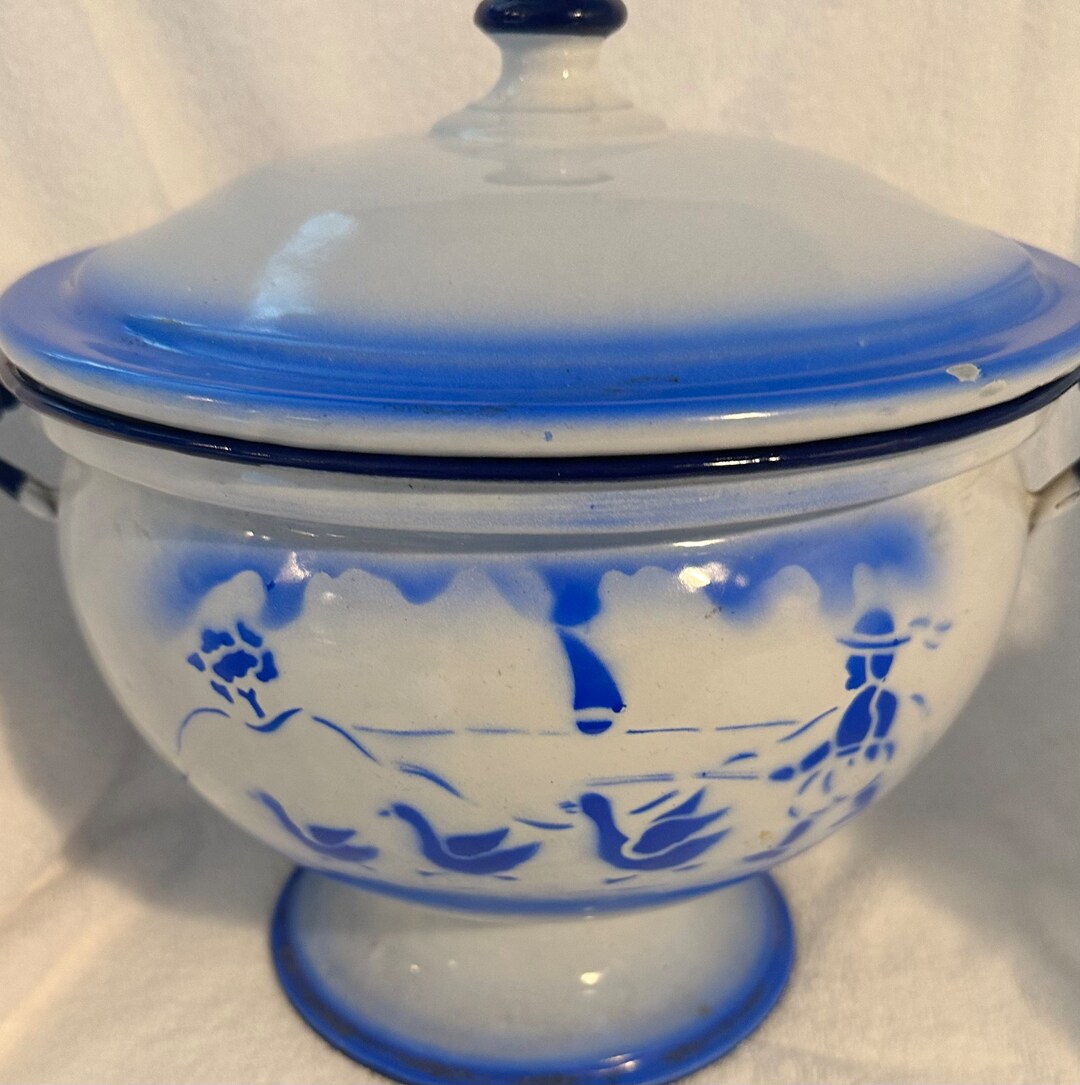 Vintage Português Enamelware Soup Tureen With Geese & Sailboat Etsy