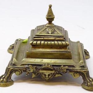 Vintage Art Nouveau Brass Inkwell with Claw Feet and Porcelain Insert