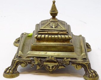 Vintage Art Nouveau Brass Inkwell with Claw Feet and Porcelain Insert