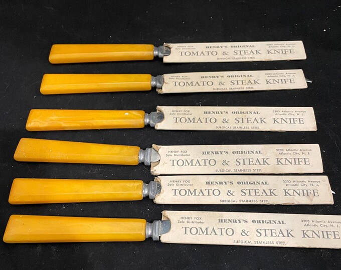 Midcentury 6 Henry's Original Steak & Tomato Knives, Bakelite, Deco