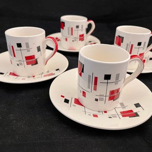 Art Deco Palissy &quot;Gay Day&quot; Set of 4 Espresso/Demitasse Cups & Saucers, Rare Find 1950&#39;s, Vintage, Retro,  Mid Century Modern