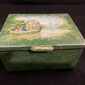 Sweet Little Green Dutch Tin with Garden Scene and Ball Feet