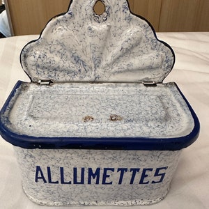 Antique French Enamelware Hanging Allumettes (Match Box) Snow on the Mountains, Country Living, Cottage & Farmhouse Decor, Housewarming