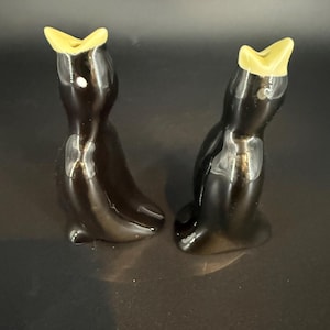 May include: Two black ceramic penguin figurines with yellow beaks. The penguins are in a seated position, with a glossy finish. The figurines have a simple, stylized design, and are likely decorative items.