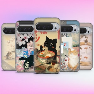 Könnte beinhalten: Eine Sammlung von Handyhüllen mit japanisch inspirierten Designs. Jede Hülle zeigt eine andere Illustration, darunter Katzen, Kirschblüten und traditionelle Kunstwerke. Die Hüllen haben ein klares, schützendes Design.