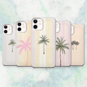 May include: Five clear phone cases with tropical palm tree designs. The cases feature various pastel backgrounds, including stripes and watercolor effects. The palm trees are depicted in pink, green, and black, offering a summery aesthetic.