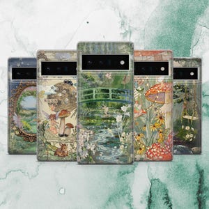 May include: Five phone cases with whimsical, fairy-tale designs. Each case features a different illustration, including a forest scene with mushrooms, a bridge over a pond, and a swing. The cases have a vintage, artistic aesthetic with soft colors.