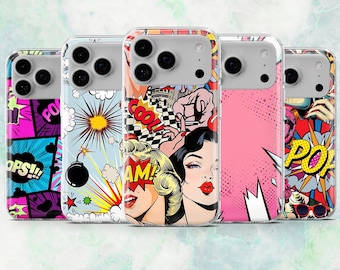 Pop-art telefoonhoesje strip cartoon hoes voor iPhone 17, 16, 15, 14, 13, 12 Samsung S25, S24, A16, A56 Pixel 10Pro XL, 9A, 8A, 7A
