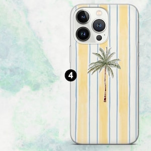 K&ouml;nnte beinhalten: Transparente Handyh&uuml;lle mit Aquarelldesign. Die H&uuml;lle hat vertikale gelbe und blaue Streifen und eine Palmenillustration. Die H&uuml;lle ist f&uuml;r ein Smartphone konzipiert.