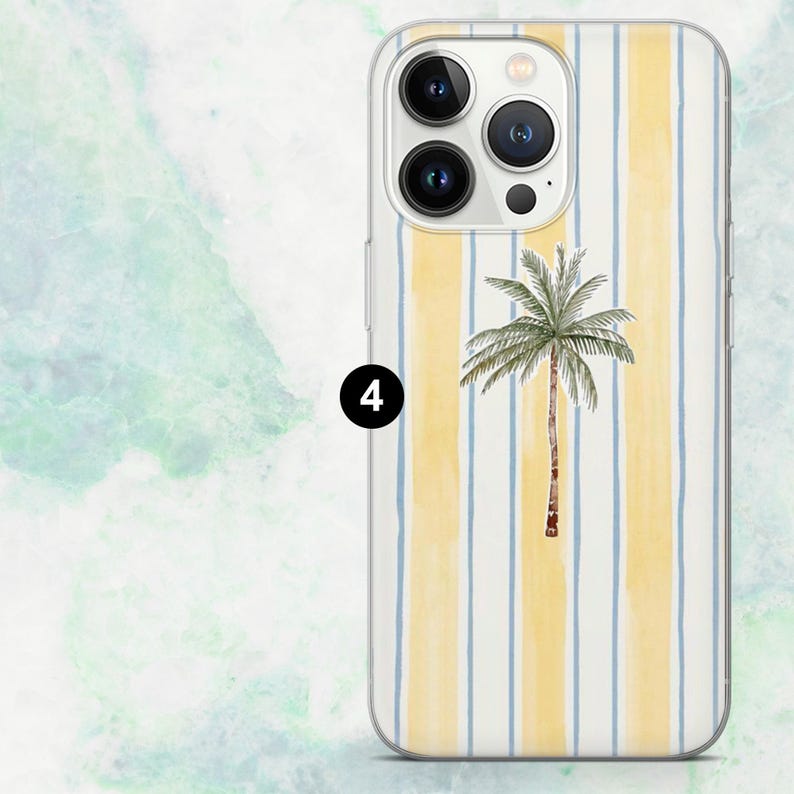 K&ouml;nnte beinhalten: Transparente Handyh&uuml;lle mit Aquarelldesign. Die H&uuml;lle hat vertikale gelbe und blaue Streifen und eine Palmenillustration. Die H&uuml;lle ist f&uuml;r ein Smartphone konzipiert.