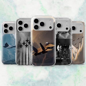 May include: Five clear phone cases with images of fighter jets. The cases feature various scenes, including jets in flight, formations, and a pilot. The backgrounds include mountains, skies, and a black and white image of a pilot.
