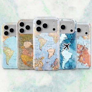 May include: Five clear phone cases with world map designs. The cases feature maps in various color schemes, including blue, tan, and orange. One case has a blue map with a plane graphic. The cases are arranged in a row.