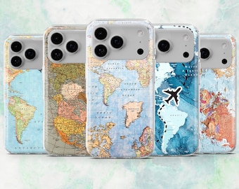 World Map Phone Case Geography Earth Cover for iPhone 17, 16, 15, 14, 13, 12 Samsung S25, S24, A16, A56 Pixel 10Pro XL, 9A, 8A, 7A