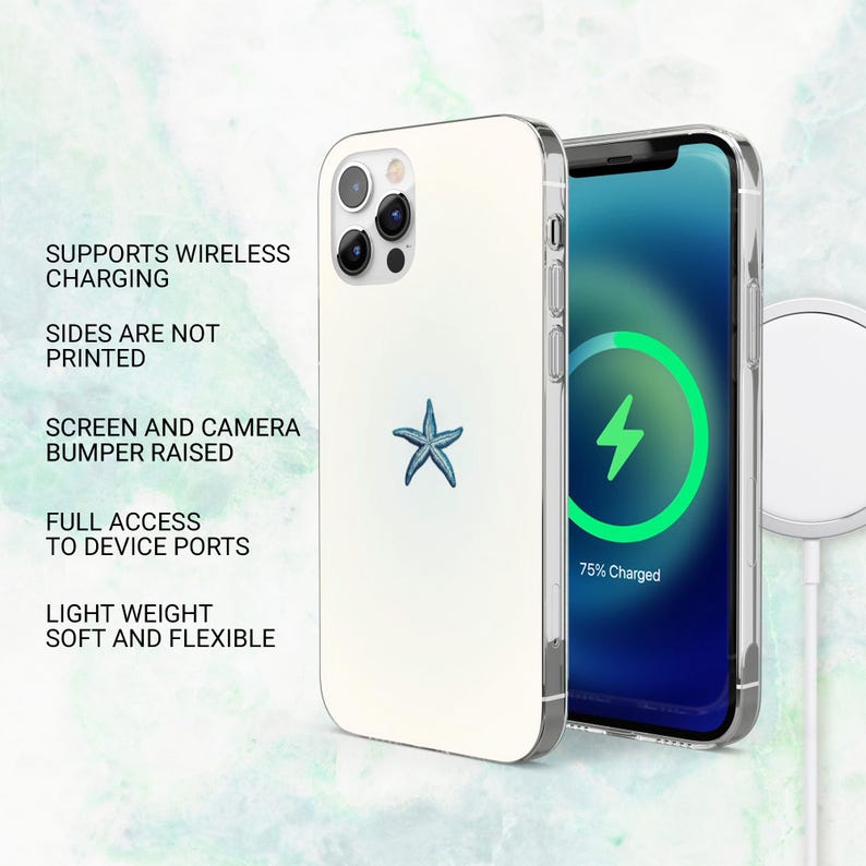 K&ouml;nnte beinhalten: Eine wei&szlig;e iPhone-H&uuml;lle mit transparentem Sto&szlig;f&auml;nger und blauem Seestern-Design. Der Telefonbildschirm zeigt ein Ladesymbol. Text auf der linken Seite: Unterst&uuml;tzt kabelloses Laden, Seiten sind nicht bedruckt, Bildschirm- und Kamera-Sto&szlig;f&auml;nger erh&ouml;ht usw.