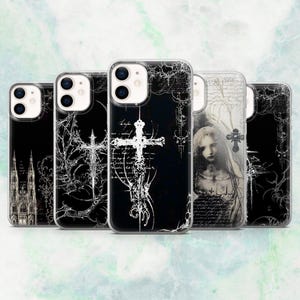 May include: A collection of five phone cases with gothic-inspired designs. The cases feature black and white imagery, including crosses, architectural elements, and a portrait of a woman. The cases are made of clear plastic.