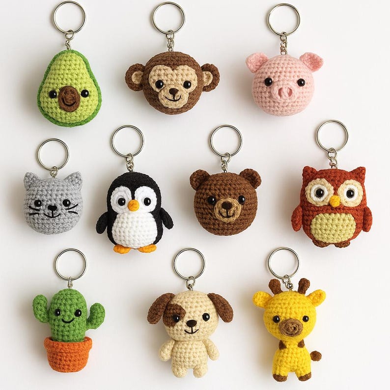 Puede incluir: Una colecci&oacute;n de llaveros de ganchillo hechos a mano con formas de animales y alimentos. Los llaveros incluyen un aguacate, un mono, un cerdo, un gato, un ping&uuml;ino, un oso, un b&uacute;ho, un cactus, un perro y una jirafa. Cada llavero tiene un anillo plateado.