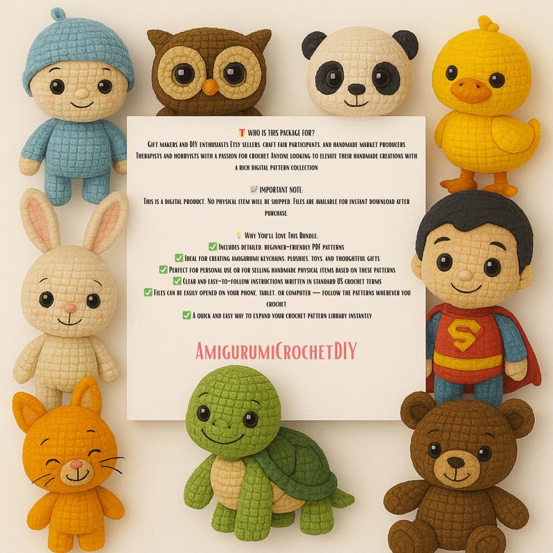 Puede incluir: Colecci&oacute;n de juguetes amigurumi de ganchillo hechos a mano, que incluyen un ni&ntilde;o, un b&uacute;ho, un panda, un pato, un conejo, un gato, una tortuga, un oso y un ni&ntilde;o disfrazado de Superman. Los juguetes son de varios colores y tama&ntilde;os. La imagen incluye texto.