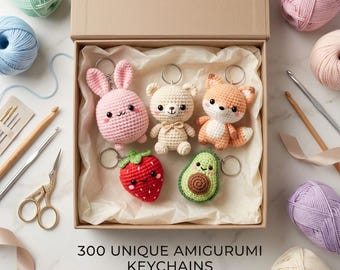 300種類のユニークな編みぐるみキーホルダーパターンセット、かわいいミニかぎ針編みキーホルダー、かわいい動物と食べ物、デジタルダウンロード