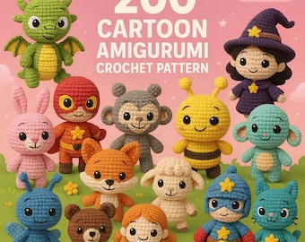 Paquete de 200 patrones de crochet amigurumi de dibujos animados: adorables patrones de peluche en PDF para niños, principiantes, regalos DIY y amantes del crochet.