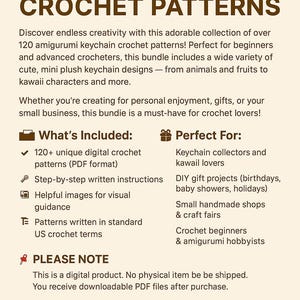 Puede incluir: Paquete digital de patrones de crochet con m&aacute;s de 120 dise&ntilde;os de llaveros amigurumi. Incluye instrucciones, im&aacute;genes y patrones en t&eacute;rminos de crochet de EE. UU. Ideal para principiantes y amantes del kawaii.