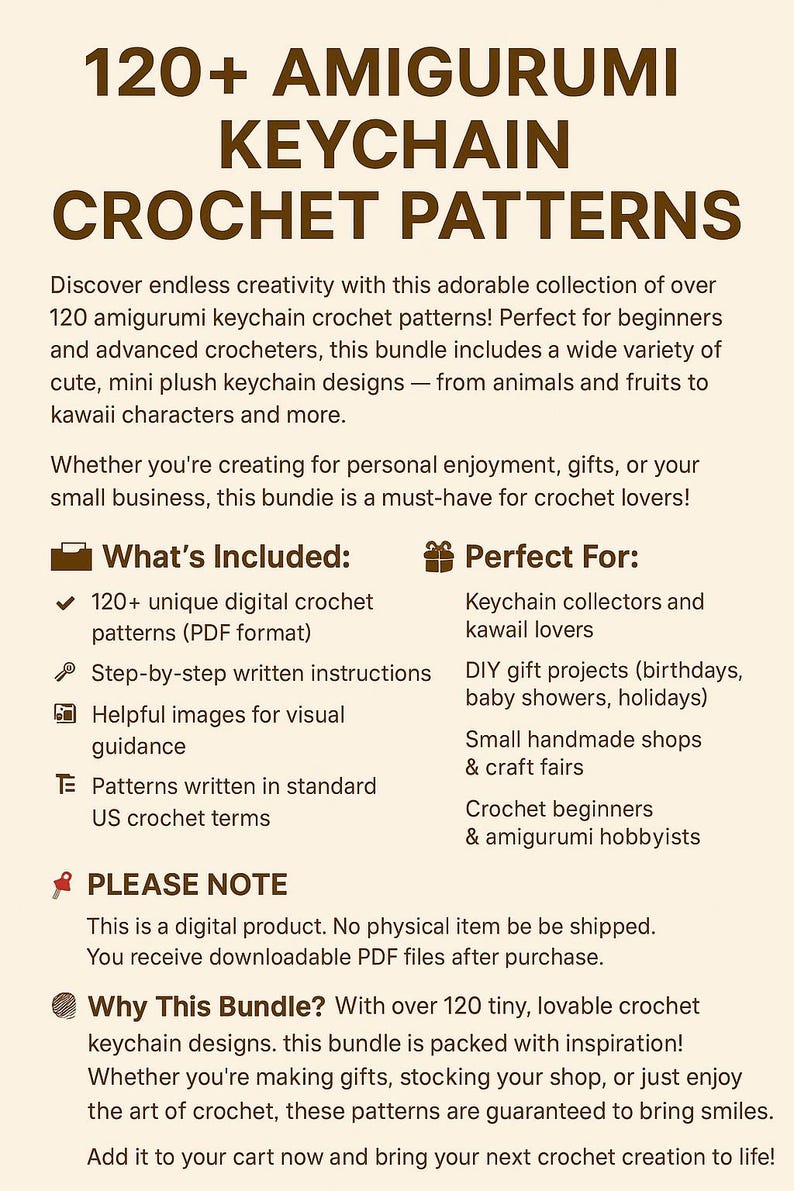 Puede incluir: Paquete digital de patrones de crochet con m&aacute;s de 120 dise&ntilde;os de llaveros amigurumi. Incluye instrucciones, im&aacute;genes y patrones en t&eacute;rminos de crochet de EE. UU. Ideal para principiantes y amantes del kawaii.