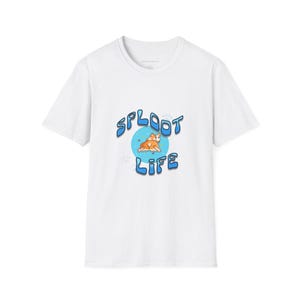 May include: White t-shirt featuring the text "SPLOOT LIFE" in blue bubble letters. The design includes a cartoon illustration of a corgi dog inside a blue circle.