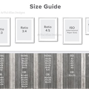 May include: A size guide chart with framed examples of print ratios and sizes. The chart includes ratios 2:3, 3:4, 4:5, and ISO paper sizes, with corresponding inch and centimeter measurements. The text "Size Guide" is at the top.