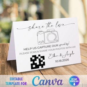 Hochzeitsfoto QR-Code-Zeichen: Teilen Sie die Liebe, bearbeitbare Canva-Vorlage (druckbare PDF / JPG-Optionen)