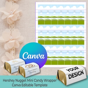 Könnte beinhalten: Eine Hershey Nugget Mini-Candy-Wrapper-Vorlage mit dem Canva-Logo. Das Bild zeigt ein Blatt mit Landschaftsgrafiken und mehrere verpackte Süßigkeiten mit goldfarbenen Folienenden. Auf den Wrappern steht "Alex & Kate's Wedding" und "Your Design".