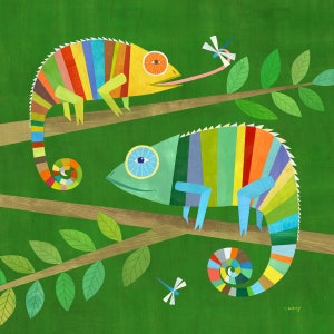 Striped Chameleons | Giclee Art Print, Lizard Illustration for Boy's Room or Gender Neutral Nursery, Baby Gift
