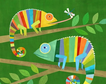 Striped Chameleons | Giclee Art Print, Lizard Illustration for Boy's Room or Gender Neutral Nursery, Baby Gift