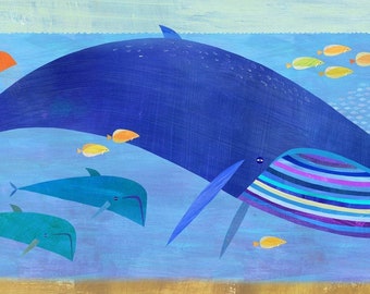 Blue Whale Bunch | Giclee Paper Art Print for Kid's Room, Nursery, or any Ocean Themed Space