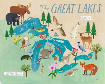 Great Lakes Illustrated Map | Geography Print on Paper or Canvas for Kid's Room, Nursery, or Classroom