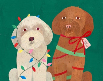 Holiday Pups | Christmas Dogs Paper Art Print, Seasonal Decor