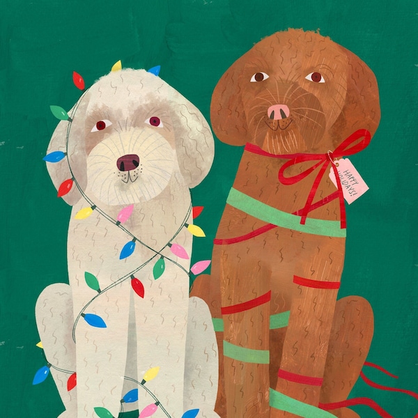 Holiday Pups | Christmas Dogs Paper Art Print, Seasonal Decor