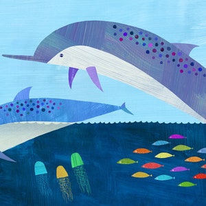 Sunshine Dolphin Dive | Giclee Paper Art Print for Kid's Room, Nursery or Beach House