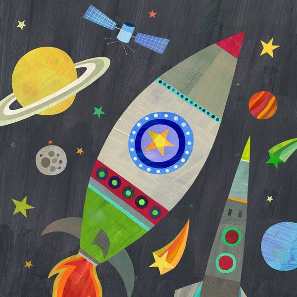 Rocket Ship to the Moon |  Outer Space Giclee Art Print for Boy's Room, Girl's Room or Nursery