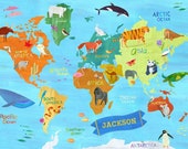 Animals Around the World | Canvas Map Print, Personalized Art, Educational Children's Illustration