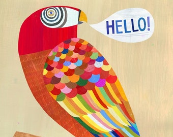 Hello Parrot | Giclee Art Print, Patterned Red Macaw Illustration