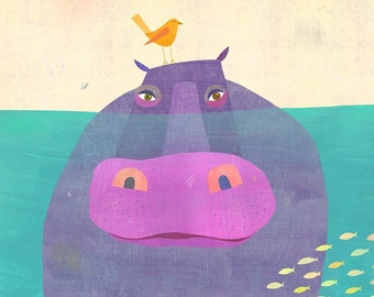 Underwater Hippo | Art Print, Whimsical Children's Nursery Decor