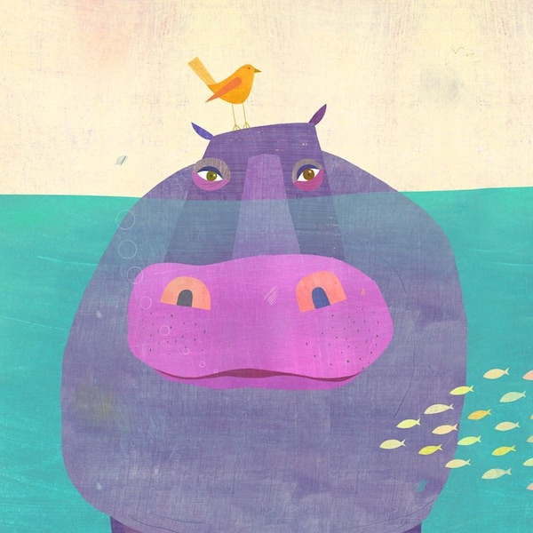 Underwater Hippo | Animal Art Print, Children's Illustration Perfect for Nursery or Bedroom