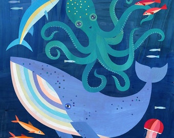 Deep Sea Adventure | Giclee Art Print for Nautical Themed Kid's Room, Nursery, or Beach House