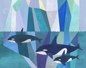 Arctic Adventure | Geometric Seascape with Orcas, Giclee Art Print on Paper