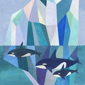 Arctic Adventure Geometric Seascape with Orcas, Giclee Art Print on Paper edge to edge