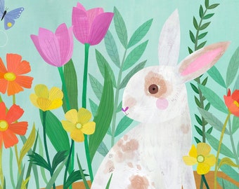 Little Bunny in the Garden II | Adorable Art Print for Nursery or Child's Room with Spring Flowers