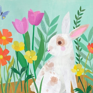 Little Bunny in the Garden II | Adorable Art Print for Nursery or Child's Room with Spring Flowers