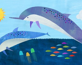 Sunshine Dolphin Dive | Giclee Paper Art Print for Kid's Room, Nursery or Beach House