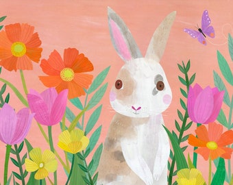 Bunny Art Print: Spring Flowers, Nursery Decor